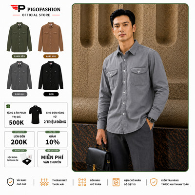 Áo Sơ Mi Nam Kaki 2 Túi Ngực Pigo Tay Dài Vải Cotton Dày Dặn Form Slimfit Cao Cấp SPMAKKJ05