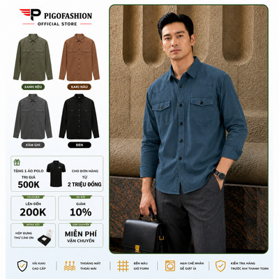 Áo Sơ Mi Nam Kaki 2 Túi Ngực Pigo Tay Dài Vải Cotton Dày Dặn Form Slimfit Cao Cấp SPMAKKJ03