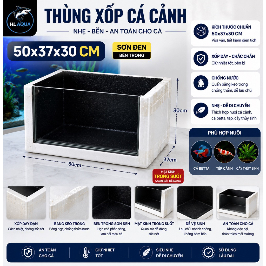 Thùng xốp ốp kính kết hợp đèn  50x40x30 [Không Đèn]