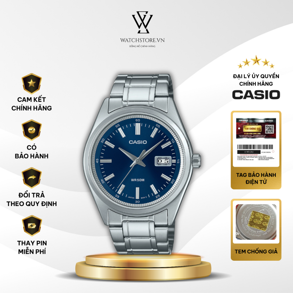 Đồng Hồ Nam Casio MTP-B180D-2AVDF Kính Khoáng 41mm Dạ Quang Dây Kim Loại Chống Nước 5ATM Chính Hãng