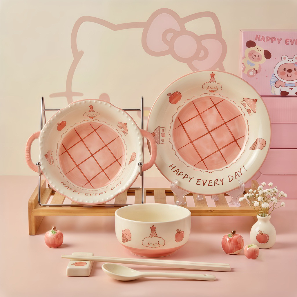SET Bát Đĩa Sứ 5 Món Hoạ Tiết Cún Hồng Siêu Cute ( Bát Tô + Đĩa Sứ + Bát Con + Thìa Sứ + Đũa )