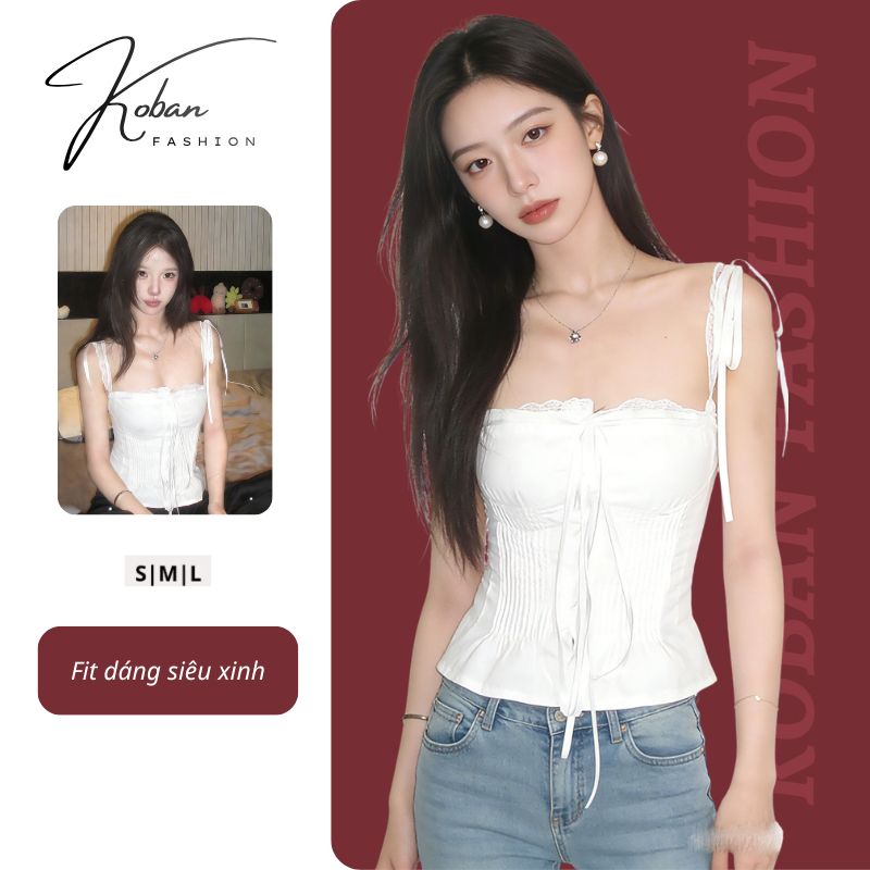 [KE32 - Sẵn] Áo 2 dây nữ KOBAN  Áo corset kiểu Phối Ren Buộc Nơ Koban, Áo Ren Trắng Tôn Dáng Nữ Tính