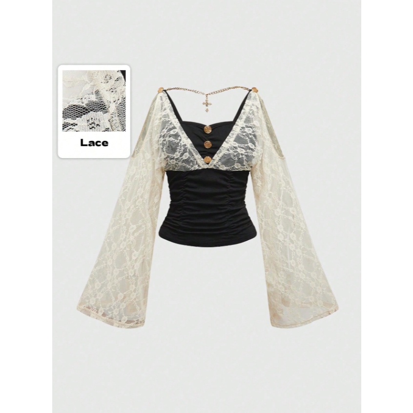 L12.Studio|  Grunge Punk Y2K Shibuya Gal style women's shirt, cross-backed, lace, open shoulders