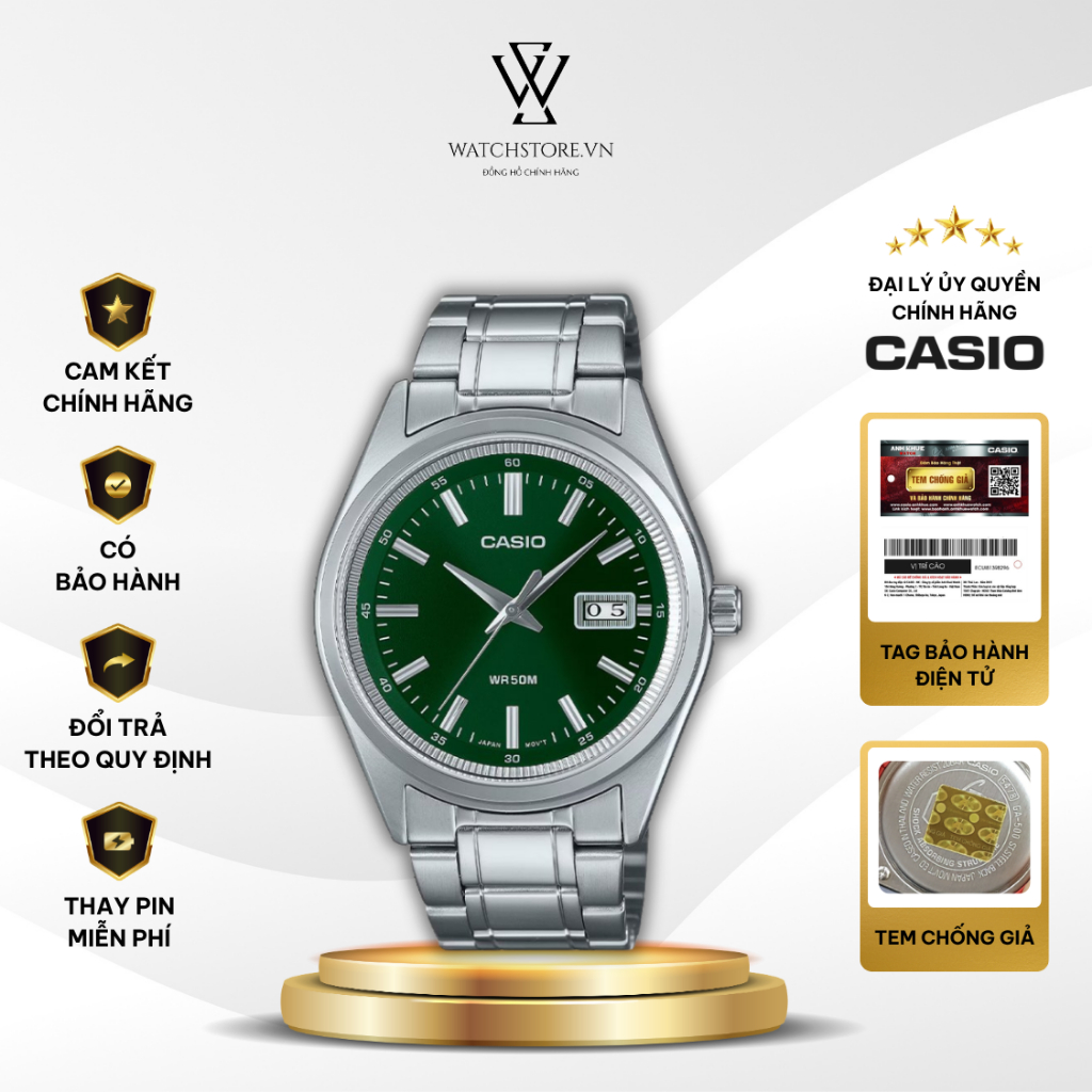 Đồng Hồ Nam Casio MTP-B180D-3AVDF Xanh Lá Kính Khoáng 41mm Dạ Quang Dây Kim Loại Chống Nước 5ATM Chí
