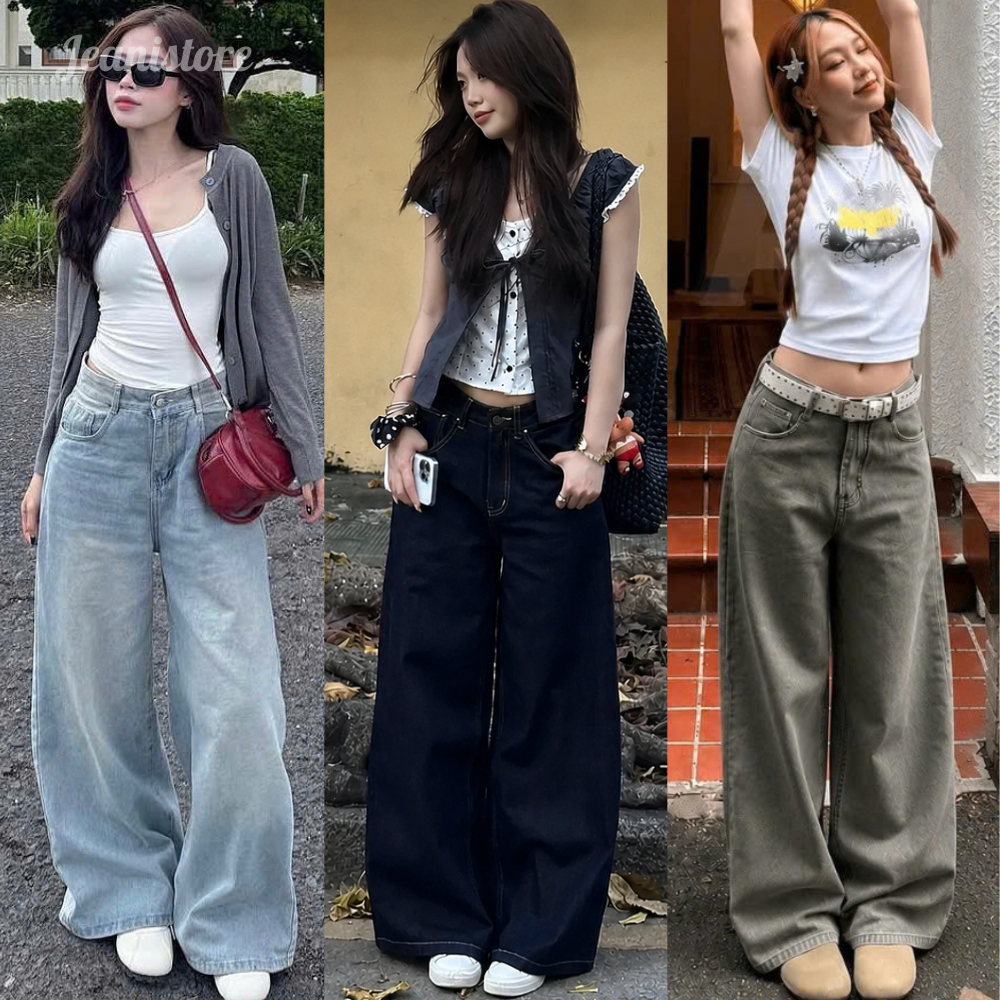 Quần jeans nữ ống rộng Jeanistore xanh INDIGO eo cao chất denim mềm tôn dáng MIAAA, quần bò nữ xanh 