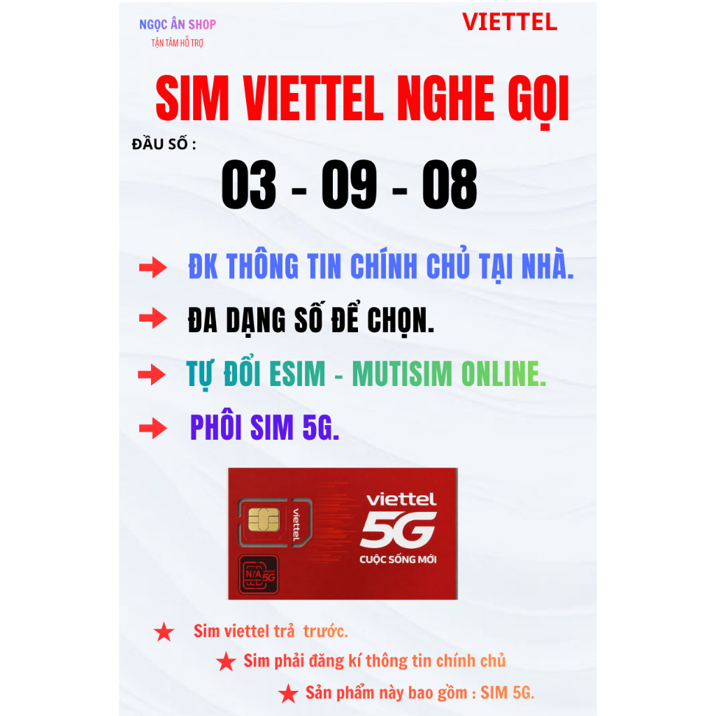 [ 4 ].  SIM VIETTEL TRẢ TRƯỚC PHÔI 5G ĐẦU  03 - 08 - 09. ĐKTT CHÍNH CHỦ. TỰ ĐỔI ESIM.