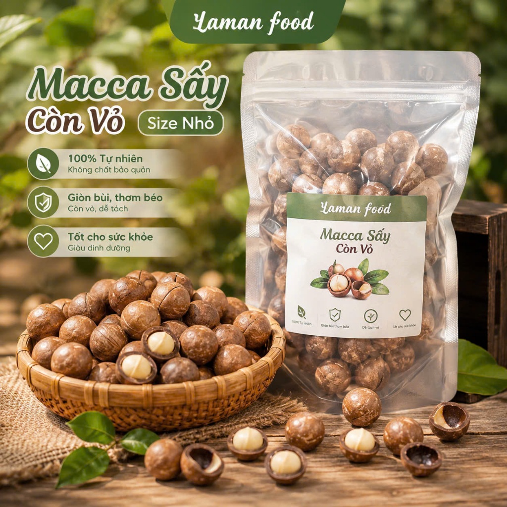 Macca sấy còn vỏ size nhỏ - Laman food