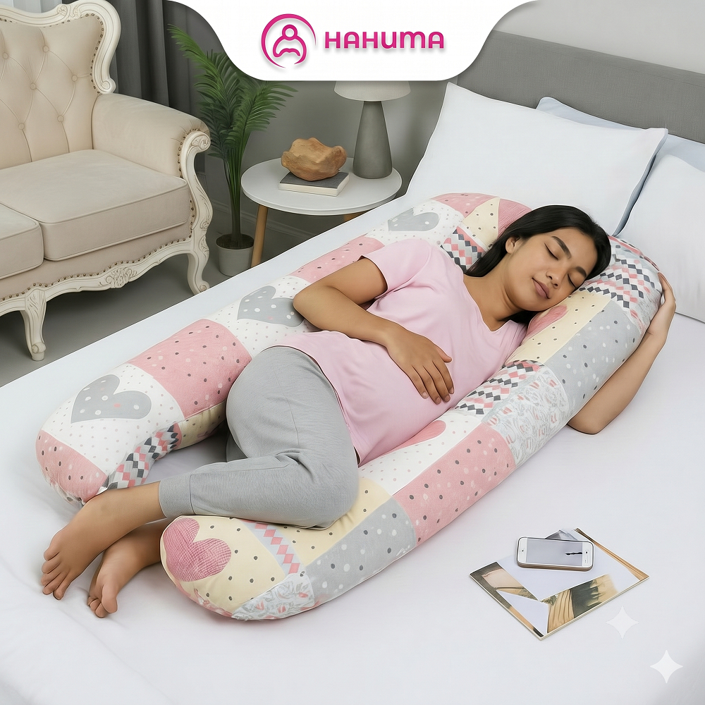 Gối Bà Bầu Chữ U HAHUMA - Vải Cotton Hàn Quốc, Bông 3D