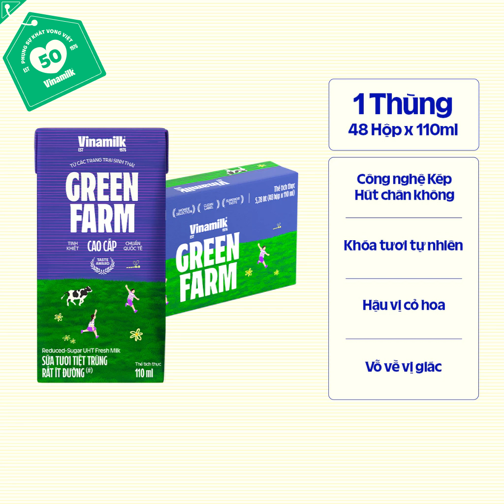 Thùng 48 hộp Sữa tươi Tiệt Trùng Vinamilk Green Farm rất ít đường 110ml | BigBuy360 - bigbuy360.vn