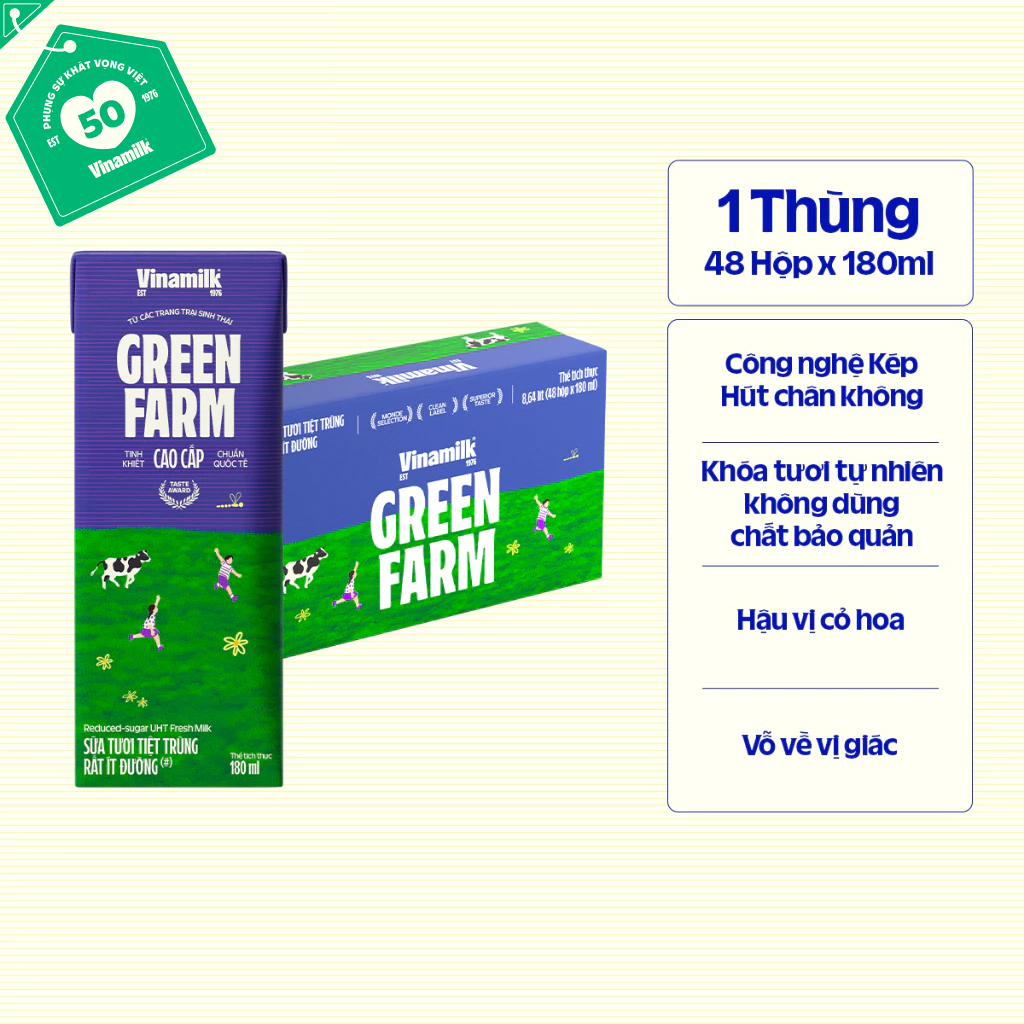 [AFF] Thùng 48 Hộp Sữa Tươi Tiệt Trùng Vinamilk Green Farm Rất ít đường  180ml | BigBuy360 - bigbuy360.vn