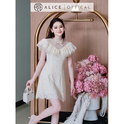 Váy Dự Tiệc Cao Cấp Alice Chất Ren Hoa Phối Ngực Đá Sang Trọng, Đầm Ngứn Chữ A Cổ Bèo Nữ Tính T604