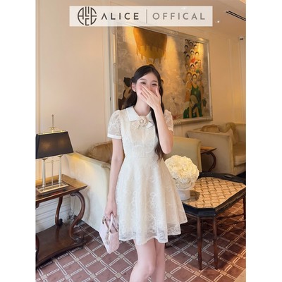 Váy Ren Tiểu Thư Alice Cao Cấp, Đầm Ngắn Xòe Xếp Ly Đính Nơ Cổ Phù Hợp Đi Chơi Dạo Phố T606