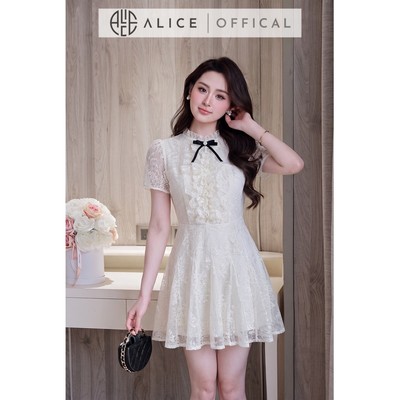 Váy Dự Tiệc Cao Cấp Alice Chất Ren Kim Sa Kèm Tag Nơ Ngực, Dáng Váy Ngắn Xòe Chiết Eo Tôn Dáng T607
