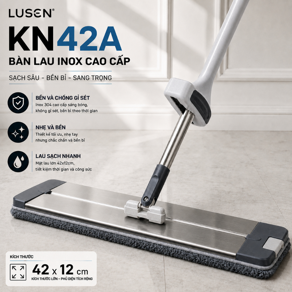 Cây lau nhà tự vắt thông minh Lusen KN42A, chổi lau nhà công nghiệp, bộ lau nhà inox tách nước bẩn