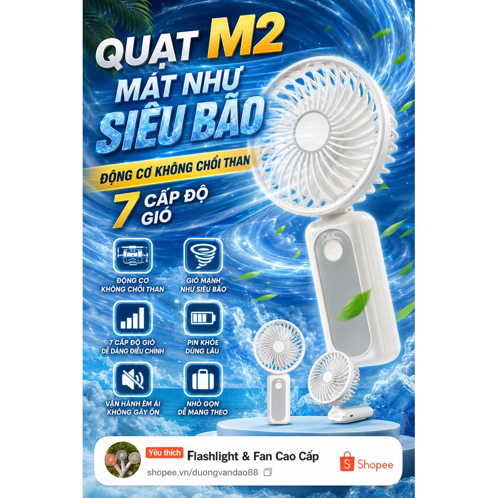 Quạt M2 siêu mạnh khủng khiếp , dung lượng pin 4000mah , động cơ phản lực, gập để bàn tiện lợi