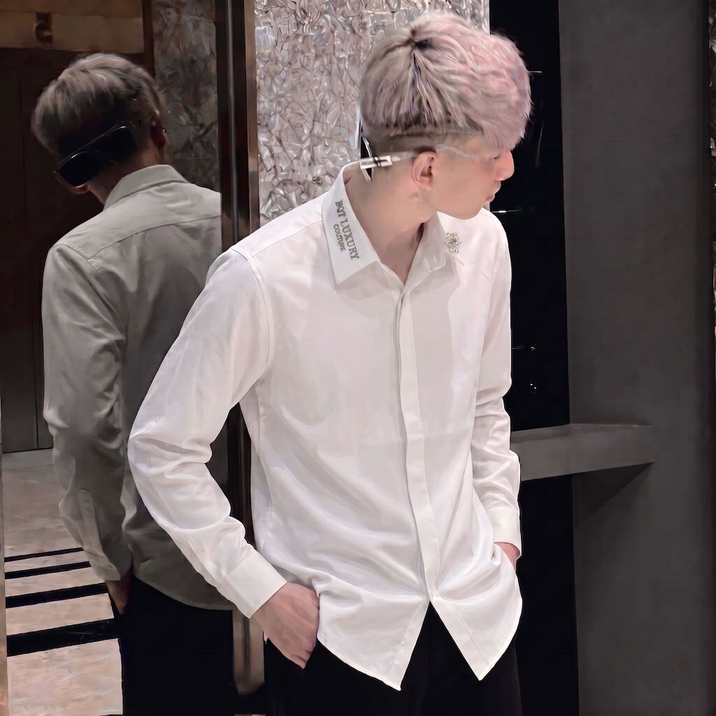 Áo sơ mi nam boy phố tay dài vải  LỤA đính CHAM. thêu logo mềm trẻ trung-BQT77 SHOP