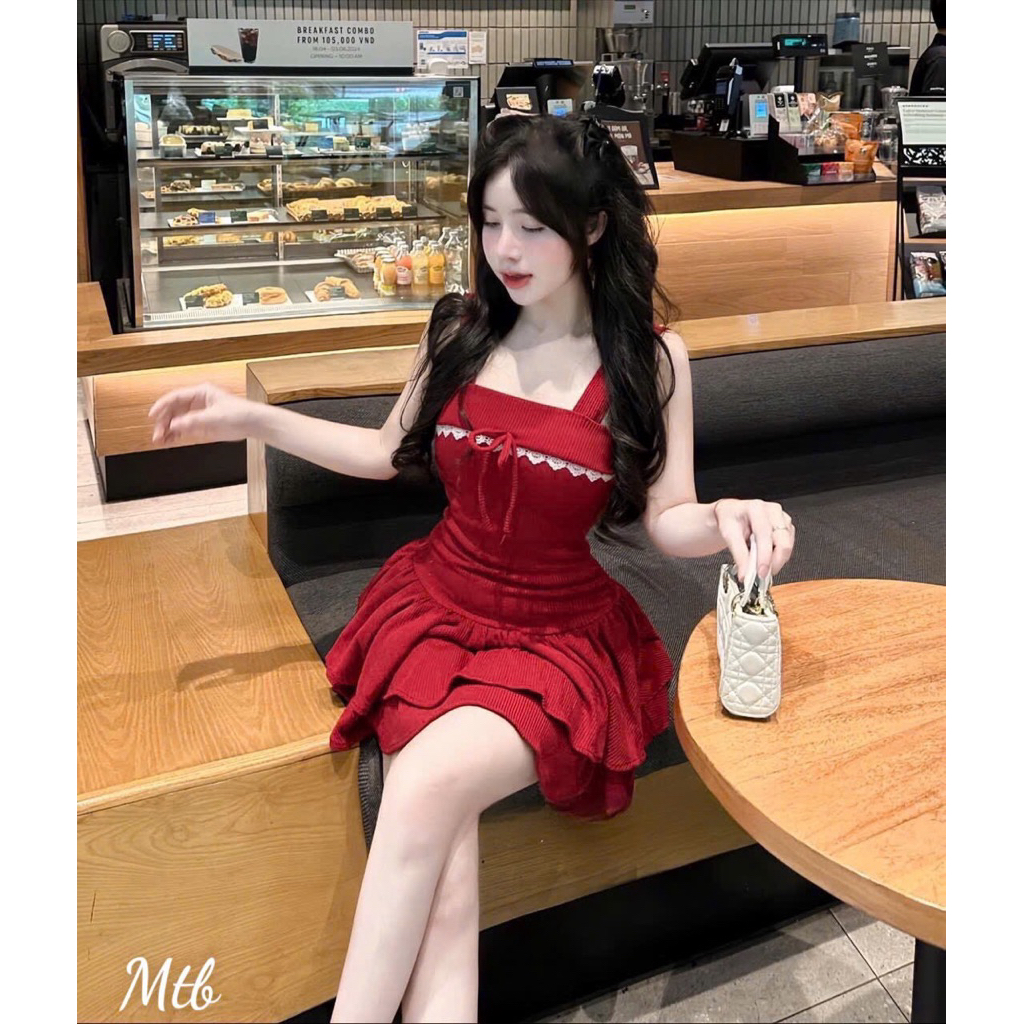 Đầm thiết kế vải tăm Quảng Châu phối ren nơ dáng ngắn tiểu thư mặc nhà đi chơi xinh xắn - ELUNA