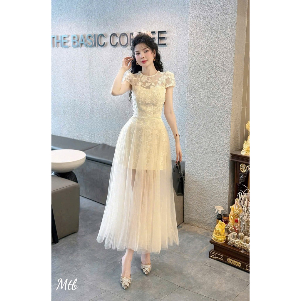 Đầm thiết kế ren hoa nổi 2 lớp dáng maxi lưới dài dự tiệc tiểu thư sang trọng chuẩn hình - ELUNA