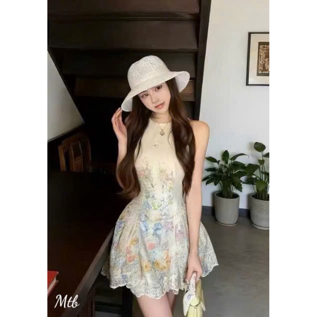 Đầm yếm hoa thêu chân ren dáng ngắn phối lưới phồng thun sau kèm quần bảo hộ cao cấp - ELUNA
