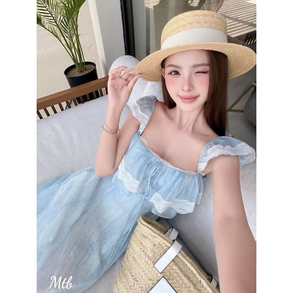 Đầm thiết kế tay cánh tiên dáng dài phối ren có sẵn mút ngực tiểu thư dự tiệc chuẩn phom - ELUNA