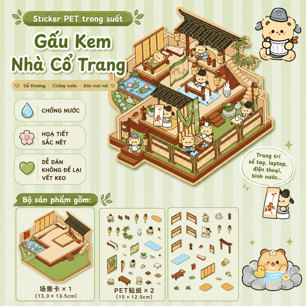 Sticker PET Cảnh Mini Kawaii DIY Trang Trí Sổ Tay Journal Laptop Điện Thoại Bộ Scene Card + Sticker 