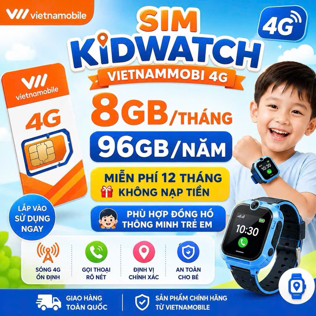 🔥Sim 1 Năm 8GB/Tháng Vietnamobile - Kidwatch - Miễn Phí Nội Mạng gắn đồng hồ thông minh trẻ em