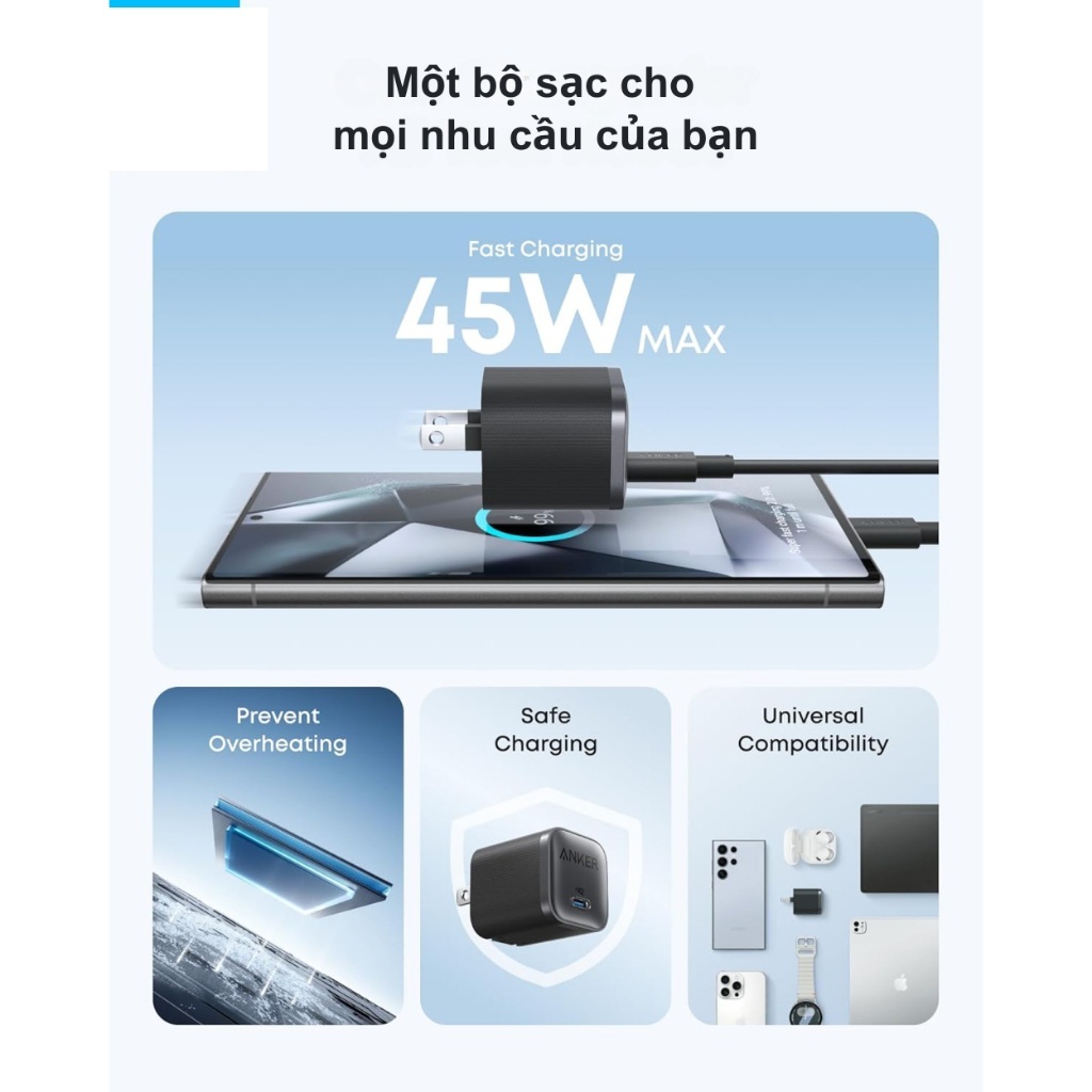 Củ Sạc Nhanh Anker A2692 45W GaN, ActiveShield Ngăn Quá Nhiệt, hỗ trợ PD/PPS, Chân gập