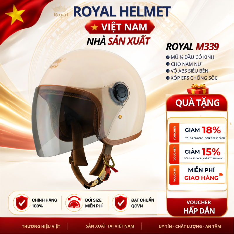 Mũ Bảo Hiểm 3/4 Royal M339 Chính Hãng Kính Dài Chắn Bụi Cho Nam Nữ Royal Helmet VietNam