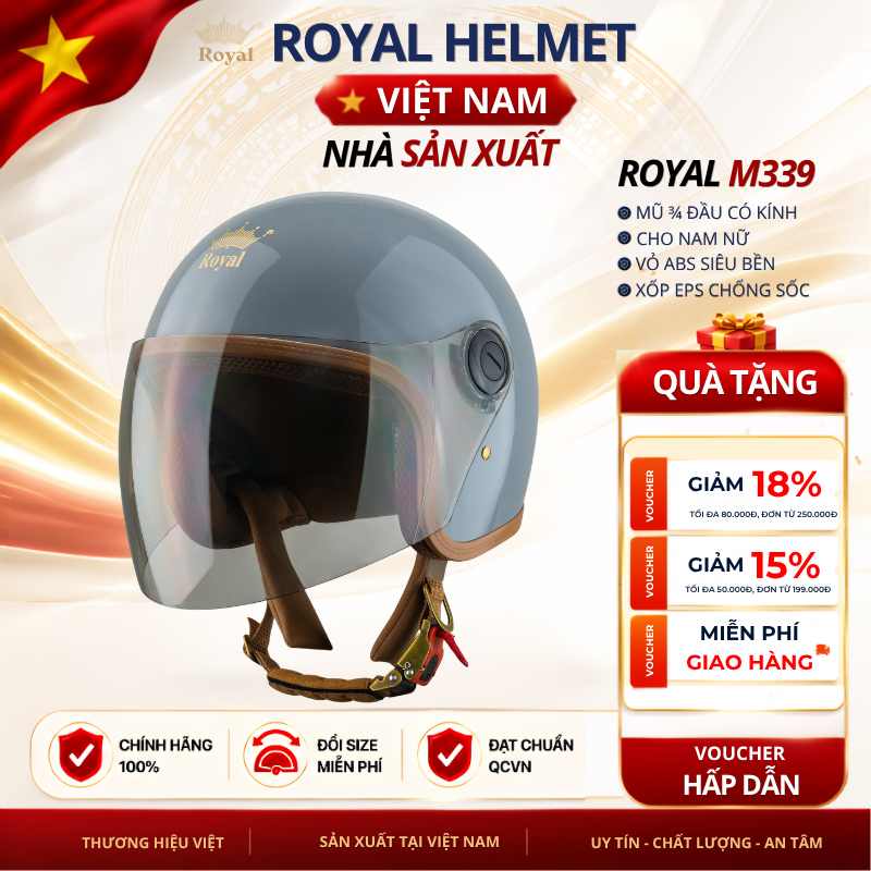 Mũ Bảo Hiểm 3/4 Royal M339 Chính Hãng Kính Dài Chắn Gió Nhà Sản Xuất