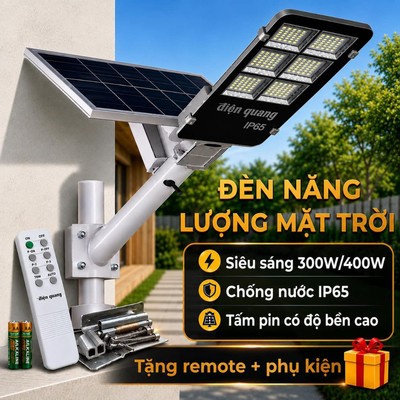 Đèn Đường Led Pha NLMT Năng Lượng Mặt Trời Điện Quang Siêu Sáng Ánh Sáng Trắng (thân nhôm, Chống nước IP65, tấm pin rời)