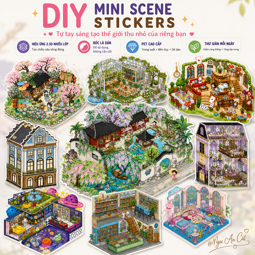 Sticker DIY Mini Scene 2.5D - Bộ Ghép Cảnh Quan PET Nổi, Dễ Dán, Nhiều Chủ Đề
