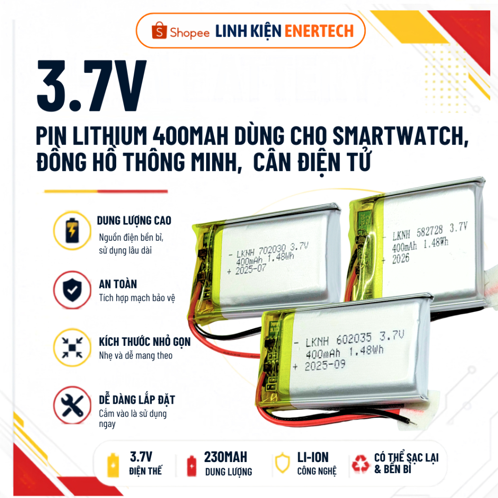 Pin Li-Po 3.7V 400mAh kích thước 582728, 400mAh 702030, 400mAh 602035 - Pin Lithium cho đồng hồ thôn