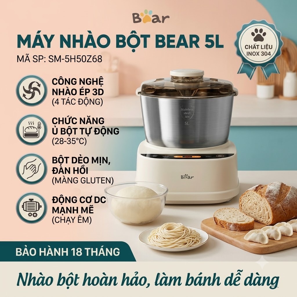 Máy Trộn Bột Bear SM-5H50Z68, Dung Tích 5Lít - Công Suất 180W, Nhồi Và Ủ Tự Động, Bảo Hành 18 Tháng