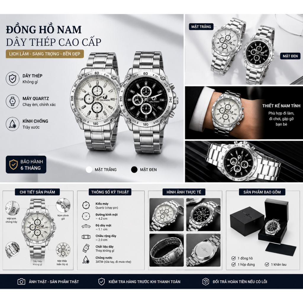 Đồng Hồ Nam ORLANDO Dây Thép Không Gỉ Quartz Mặt Đen Mặt Trắng Đồng Hồ Đeo Tay Nam Lịch Lãm Doanh Nh
