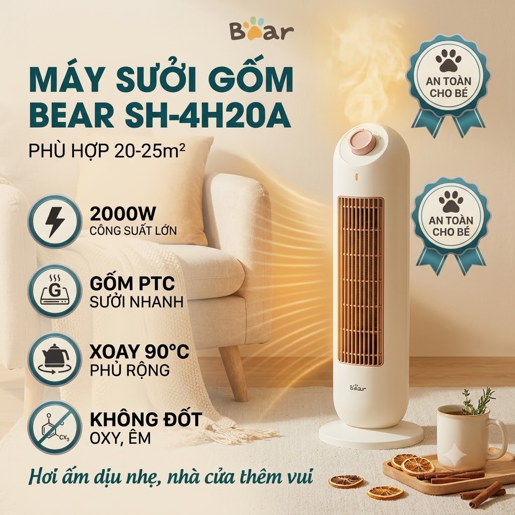 Máy Sưởi Gốm Bear SH-4H20A, Công Suất 2000w Công Nghệ Gốm Ceramic Không Gây Khô Da, Bảo Hành 18 Thán