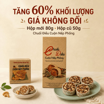 Chuối Sấy Ăn Vặt Nam Xanh, Chuối Điều Cuộn Nếp Phồng, Nguyên Liệu Tự Nhiên, Hộp 80g