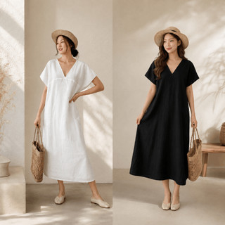 Đầm maxi oversize cổ V tay cánh dơi 2 màu siêu xinh