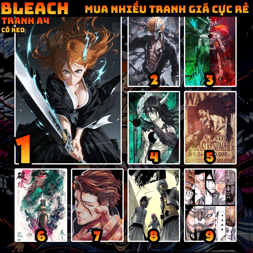 Tranh A4 Bleach Decal Dán Tường Có Keo Sẵn | Poster Anime Bleach Ichigo Aizen Kenpachi Ulquiorra
