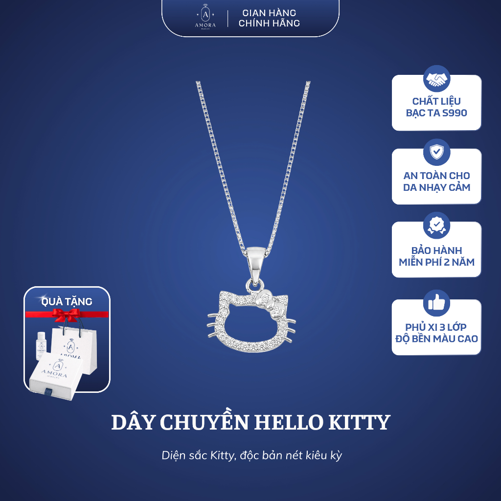 Bộ trang sức dây lắc nữ AMORA Hello Kitty bạc S990 mix hoa đá dễ thương AMORA JEWELRY