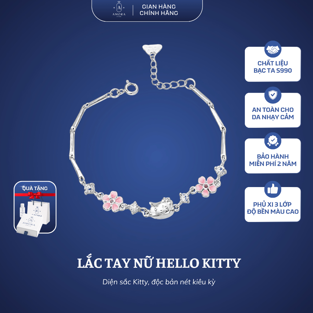 [ẢNH THẬT] Set hello kitty nữ AMORA bạc S990 lắc tay & dây chuyền mặt mèo mix hoa AMORA JEWELRY