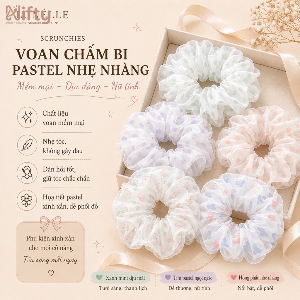Dây Buộc Tóc Scrunchie Voan Chấm Bi Pastel, Cột Tóc Bản To Mềm Mại Họa Tiết Dễ Thương Nifty