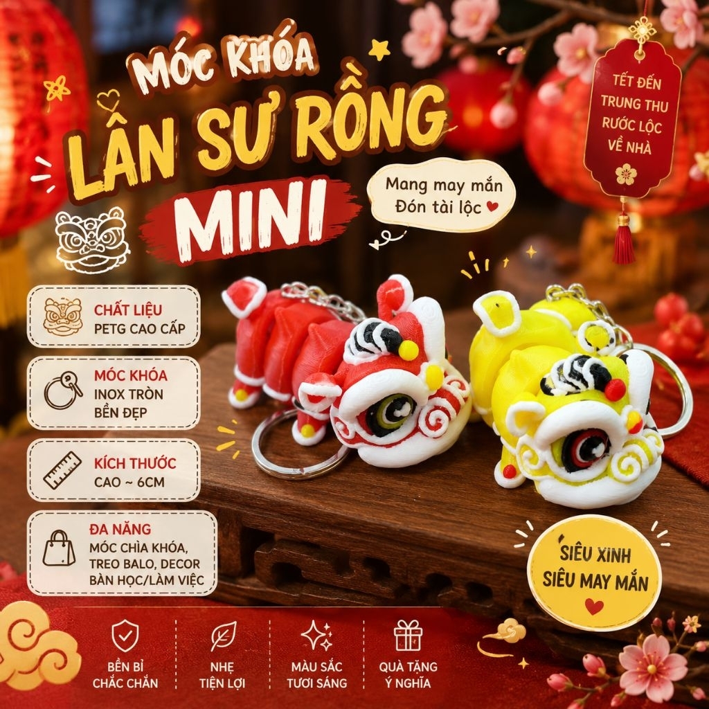 Móc Khoá Lân Sư Rồng Mini In 3D Dễ Thương Dùng Để Treo Balo, Decor Siêu Đẹp - Cá Mặn 3D