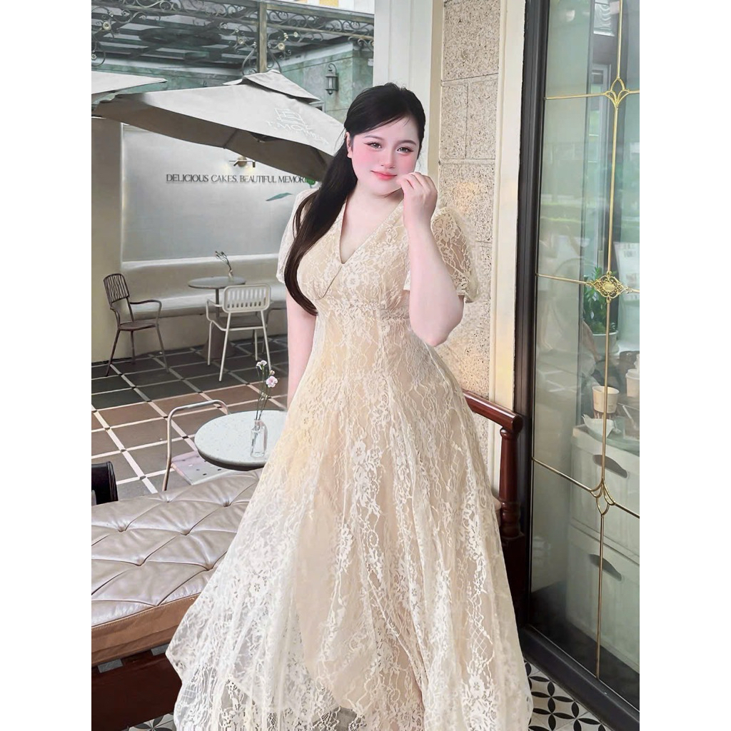 Hiếu Hiếu Bigsize Đầm ren cổ v dáng dài đi tiệc bigsize 55-120kg
