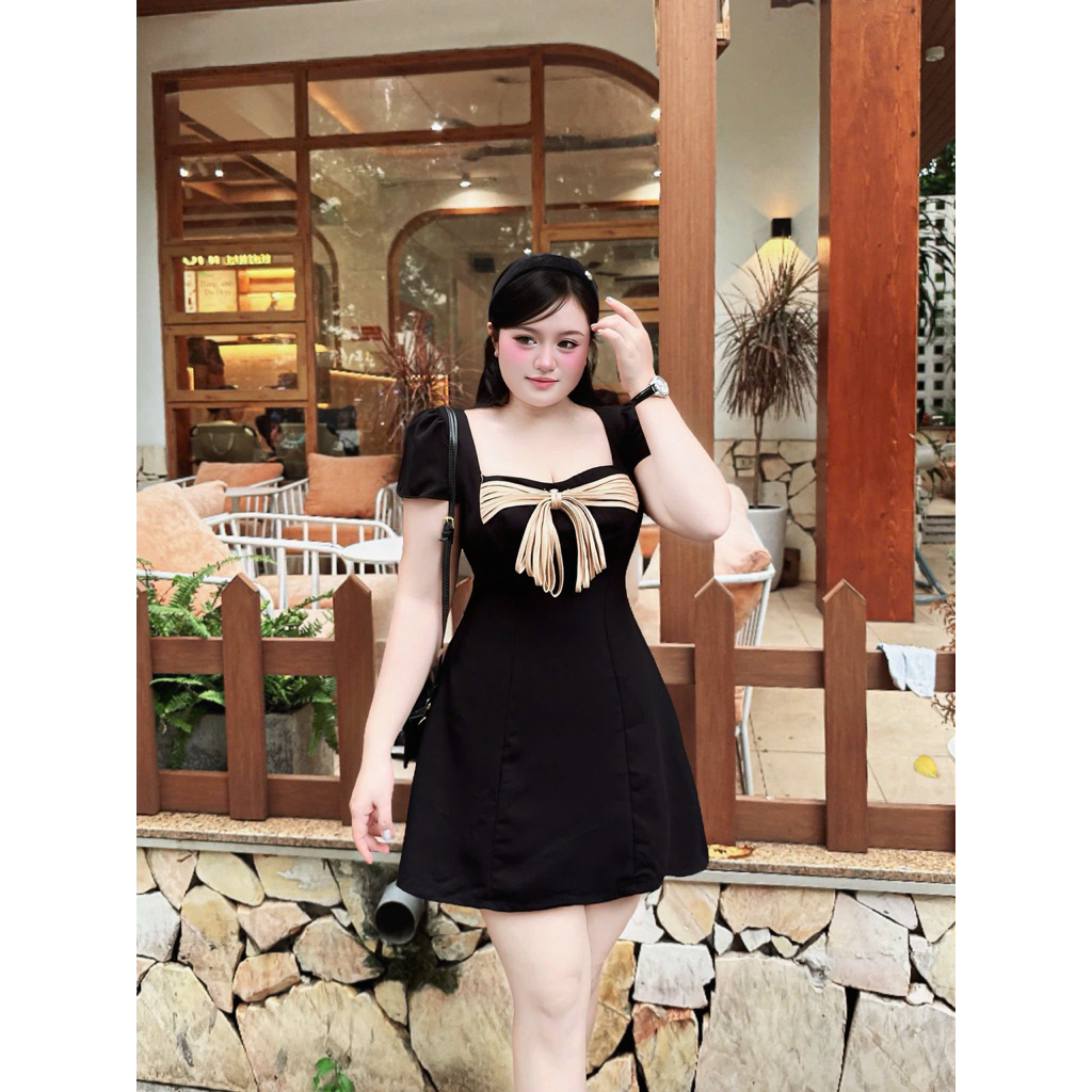Hiếu Hiếu Bigsize Đầm cổ vuông phối nơ dáng ngắn bigsize 55-120kg