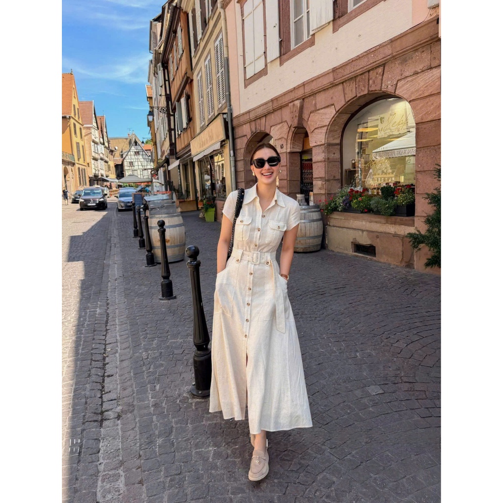 𝗘𝗺𝗶𝗹𝘆 𝗗𝗿𝗲𝘀𝘀 - Đầm Linen sơ mi có túi phối nút
