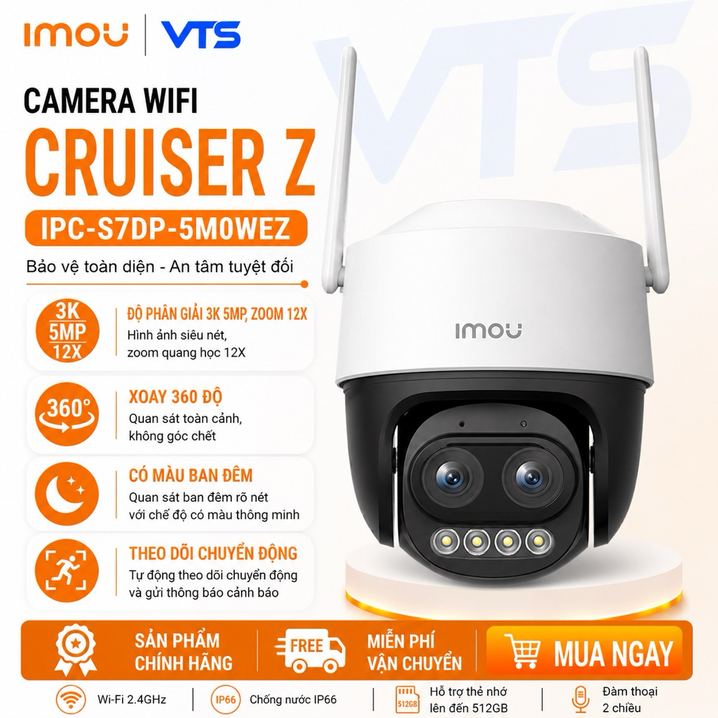 Camera Wifi IMOU CRUISER Z S7DP 3K 5MP, Zoom 12X, Ống Kính Kép, Xoay 360 Độ, Đàm Thoại, Có Màu