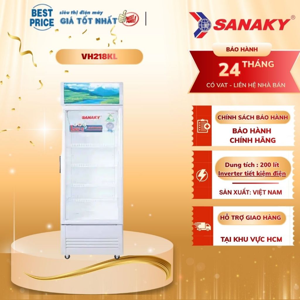 VH-218KL Tủ mát Sanaky – 200L, 1 cánh kính, chống đọng sương, máy nén Panasonic VH-218KL