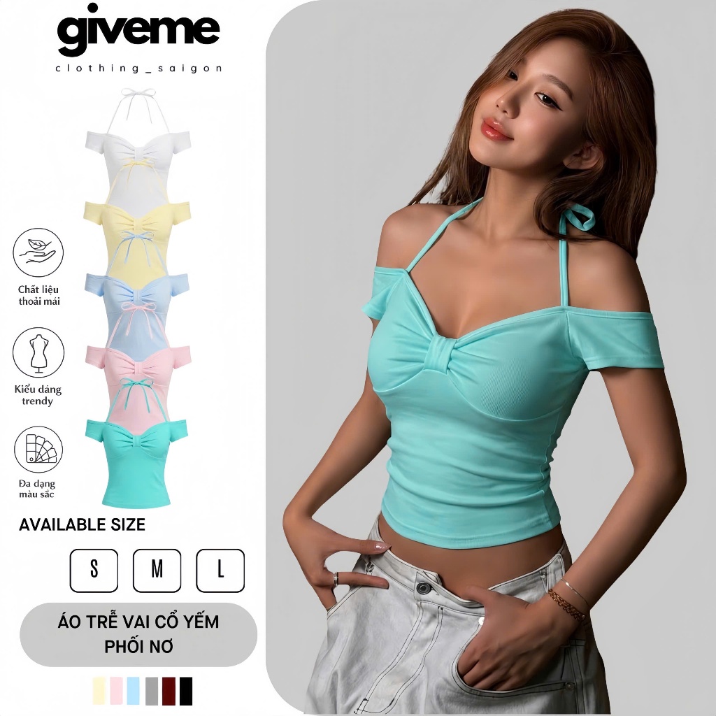 [XẢ KHO] Áo Trễ Vai Kiểu Nữ Dây Buộc Cổ Yếm Phối Nơ Xoắn Ôm Body Nữ Tính Nhiều Màu Basic - TVCN01