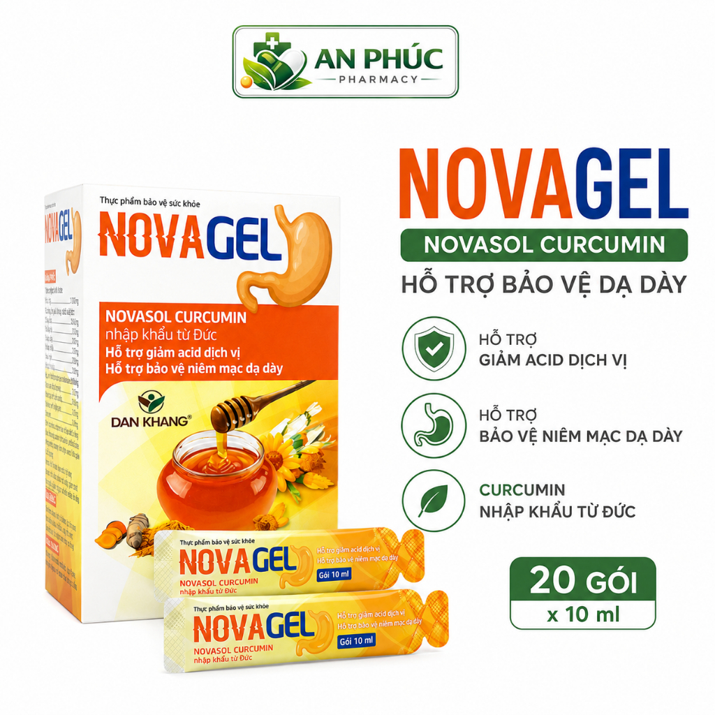 Gel Dạ Dày Novagel Curcumin - Hỗ Trợ Hạn Chế Trào Ngược, Bảo Vệ Niêm Mạc Dạ Dày, Hộp 20 Gói