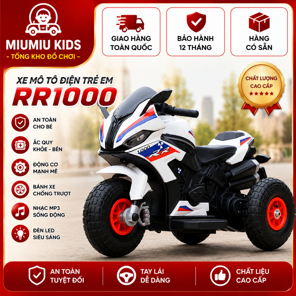 Xe moto, xe máy điện cho bé R1000 trọng tải 35kg có kèm sạc đủ màu cho bé